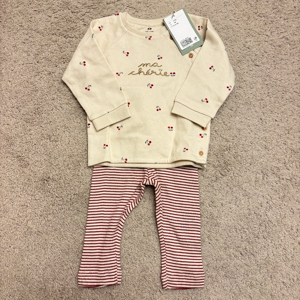 HM Baby Girl Ma Cherie Cherry Sweater and Stripe Pant Set